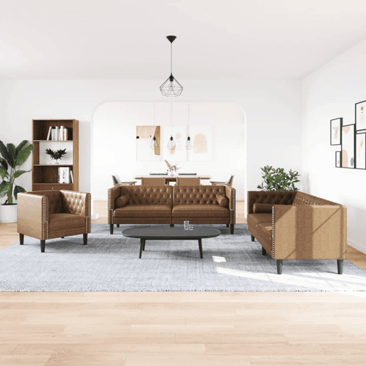 vidaXL 3 pcs conj. sofás chesterfield c rolos camurça artif. castanho vidaXL 3 pcs conj. sofás chesterfield c rolos camurça artif. castanho