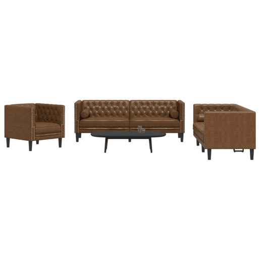 vidaXL 3 pcs conj. sofás chesterfield c rolos camurça artif. castanho vidaXL 3 pcs conj. sofás chesterfield c rolos camurça artif. castanho