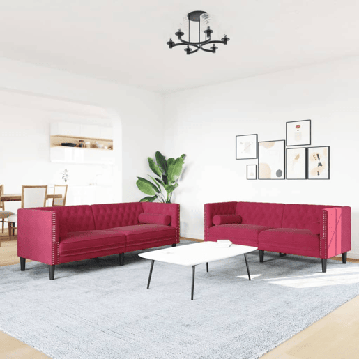 vidaXL 2 pcs conj. sofás chesterfield com rolos veludo vermelho-tinto