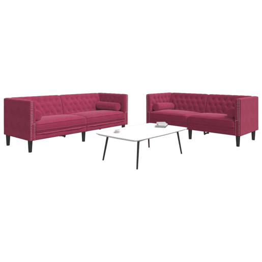 vidaXL 2 pcs conj. sofás chesterfield com rolos veludo vermelho-tinto