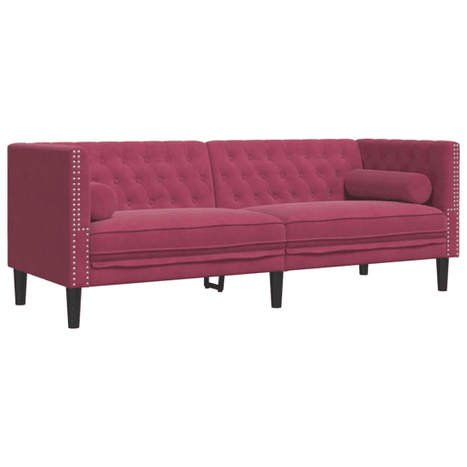 vidaXL 2 pcs conj. sofás chesterfield com rolos veludo vermelho-tinto