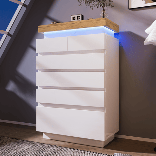 Cómoda com LED - 6 gavetas - Branco Cómoda com LED - 6 gavetas - Branco