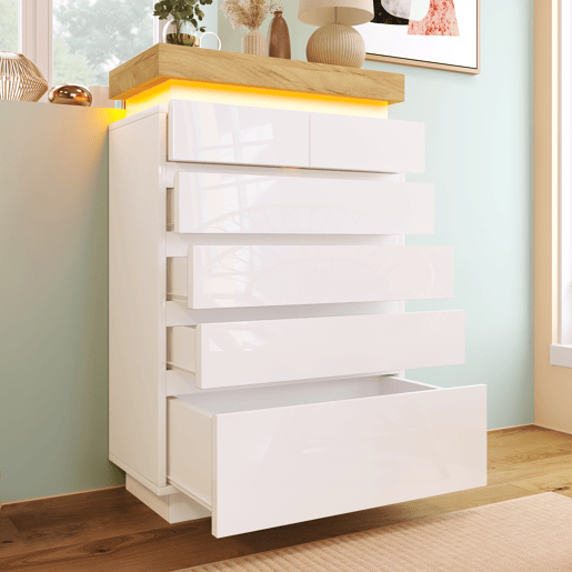 Cómoda com LED - 6 gavetas - Branco Cómoda com LED - 6 gavetas - Branco