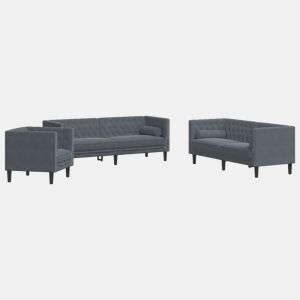 vidaXL 3 pcs conj. de sofás chesterfield com rolos veludo cinza-escuro