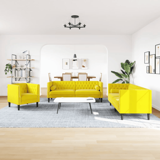 vidaXL 3 pcs conjunto de sofás chesterfield com rolos veludo amarelo