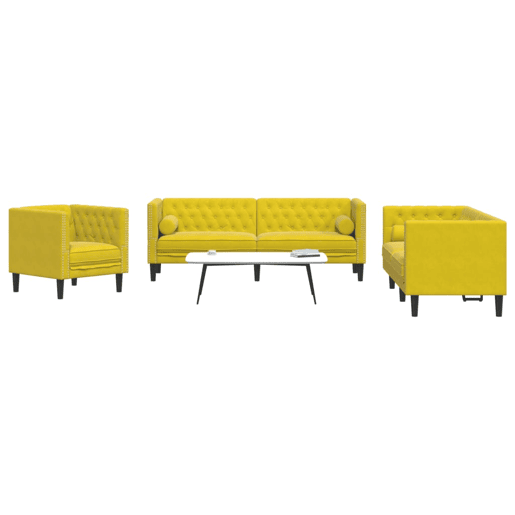 vidaXL 3 pcs conjunto de sofás chesterfield com rolos veludo amarelo