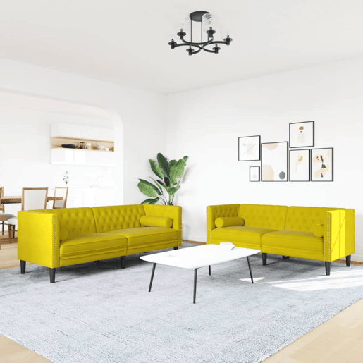 vidaXL 2 pcs conjunto de sofás chesterfield com rolos veludo amarelo