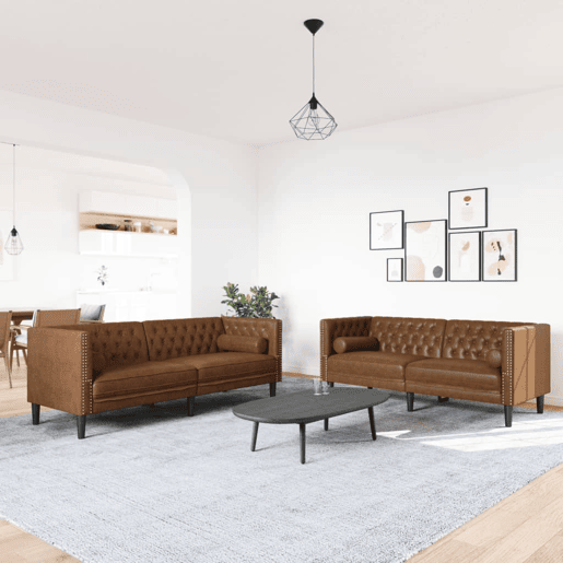 vidaXL 2 pcs conj. sofás chesterfield c rolos camurça artif. castanho vidaXL 2 pcs conj. sofás chesterfield c rolos camurça artif. castanho