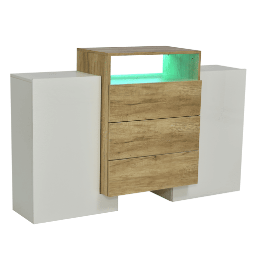 Aparador baixo com LED - 2 portas 3 gavetas - natural e branco