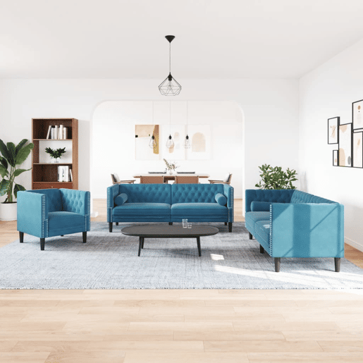 vidaXL 3 pcs conjunto de sofás chesterfield com rolos veludo azul