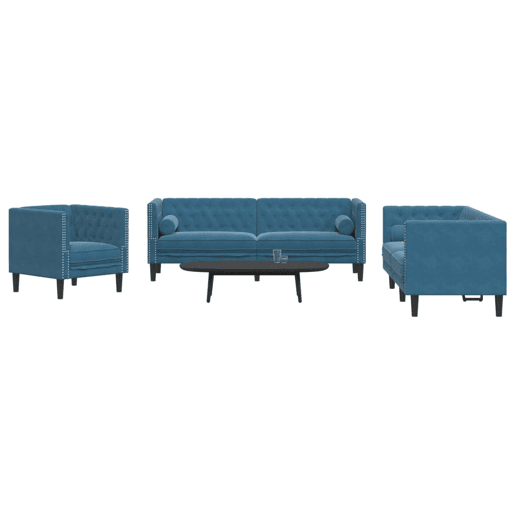 vidaXL 3 pcs conjunto de sofás chesterfield com rolos veludo azul