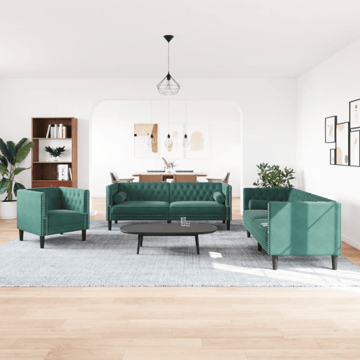 vidaXL 3 pcs conj. de sofás chesterfield com rolos veludo verde-escuro