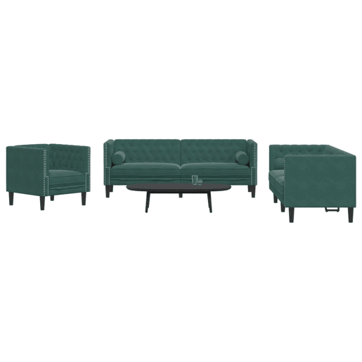 vidaXL 3 pcs conj. de sofás chesterfield com rolos veludo verde-escuro