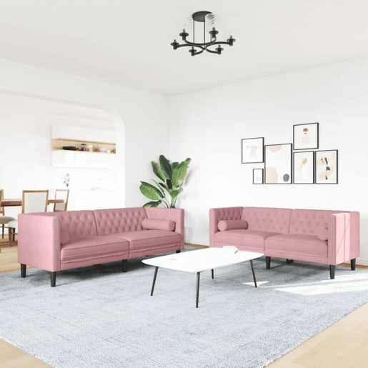 vidaXL 2 pcs conjunto de sofás chesterfield com rolos veludo rosa vidaXL 2 pcs conjunto de sofás chesterfield com rolos veludo rosa