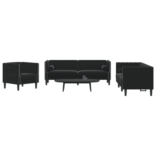 vidaXL 3 pcs conjunto de sofás chesterfield com rolos veludo preto vidaXL 3 pcs conjunto de sofás chesterfield com rolos veludo preto