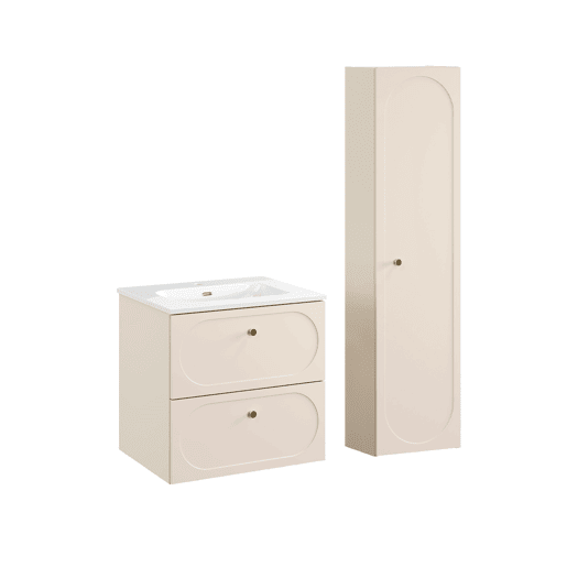 Conjunto móvel de lavatório individual 60 cm com lavatório incorporado e móvel alto Sanae Bege areia