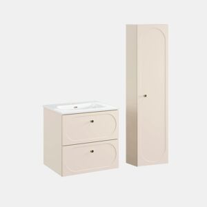 Conjunto móvel de lavatório individual 60 cm com lavatório incorporado e móvel alto Sanae Bege areia