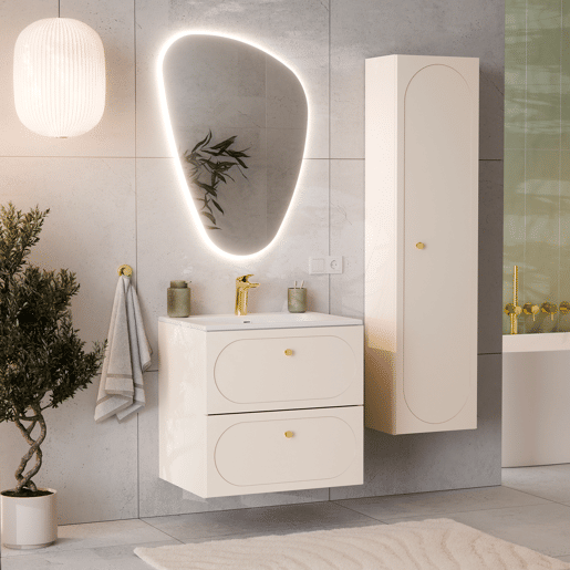 Conjunto móvel de lavatório individual 60 cm com lavatório incorporado e móvel alto Sanae Bege areia