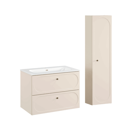 Conjunto móvel de lavatório individual 80 cm com lavatório incorporado e móvel alto Sanae Bege areia
