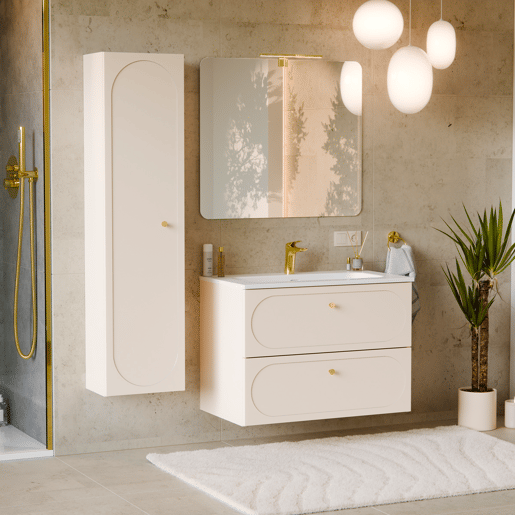 Conjunto móvel de lavatório individual 80 cm com lavatório incorporado e móvel alto Sanae Bege areia