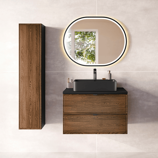 Conjunto móvel lavatório simples 80cm e coluna Elena Madeira e preto