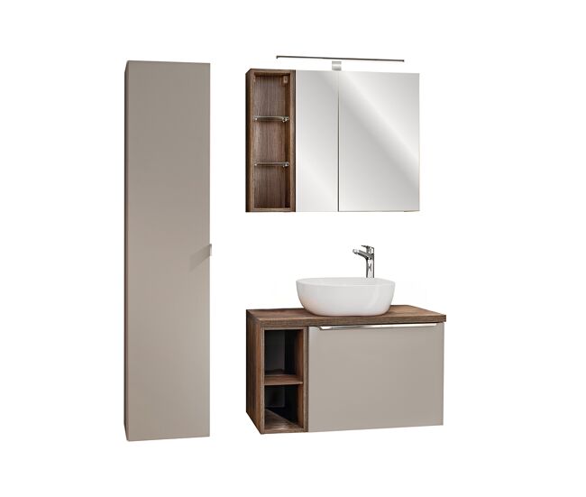 Conjunto mueble lavabo individual 80cm 2 compartimientos columna y armario de pared éros topo