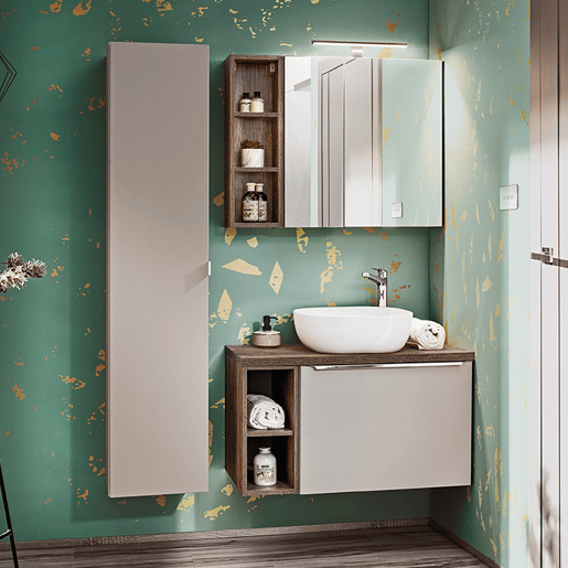 Conjunto móvel lavatório individual 80cm 2 nichos coluna armário mural Éros Taupe