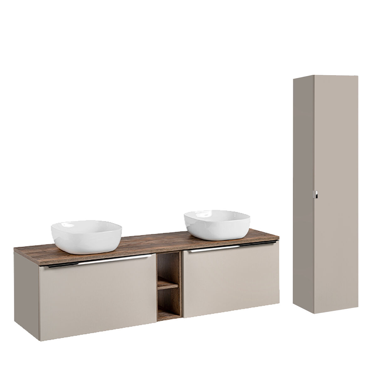 Conjunto de muebles con lavabo doble 180cm 2 compartimientos y columna éros topo