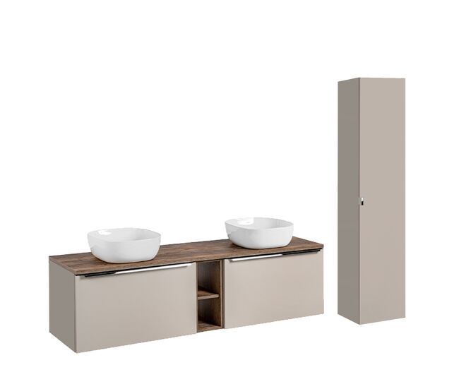 Conjunto de muebles con lavabo doble 180cm 2 compartimientos y columna éros topo