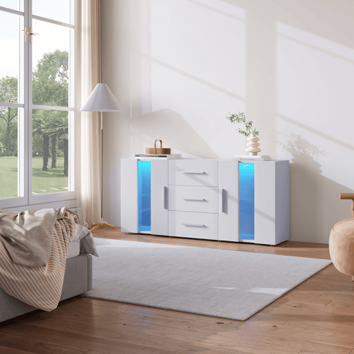 Aparador baixo com LED - 2 portas e 3 gavetas - prateleiras reguláveis - Branco
