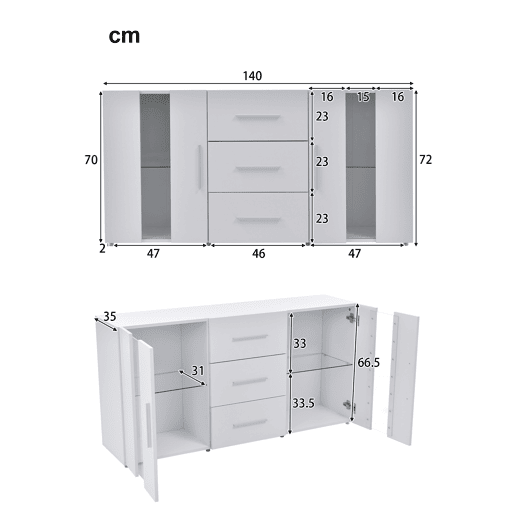 Aparador baixo com LED - 2 portas e 3 gavetas - prateleiras reguláveis - Branco