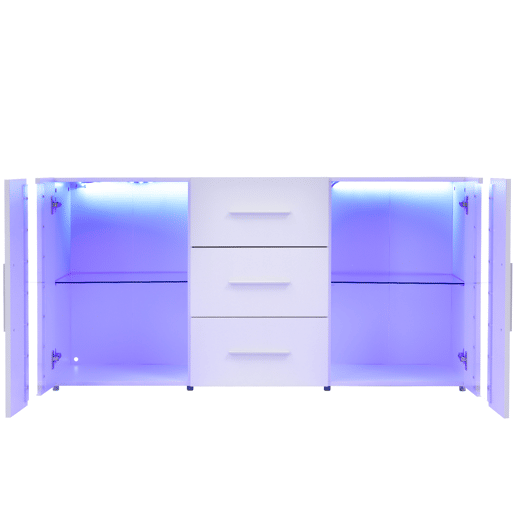 Aparador baixo com LED - 2 portas e 3 gavetas - prateleiras reguláveis - Branco