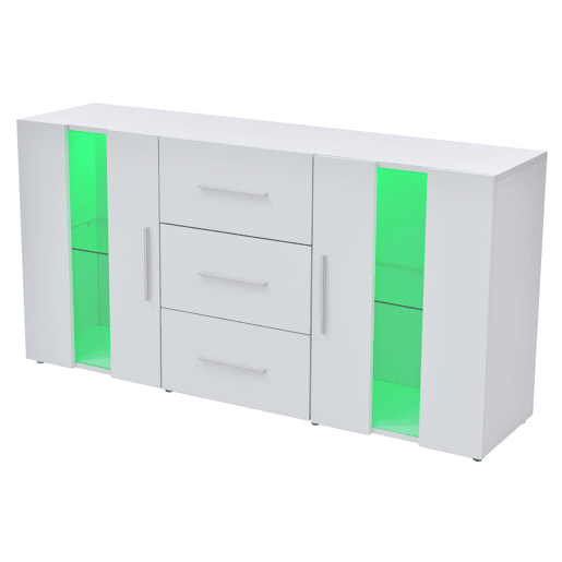 Aparador baixo com LED - 2 portas e 3 gavetas - prateleiras reguláveis - Branco