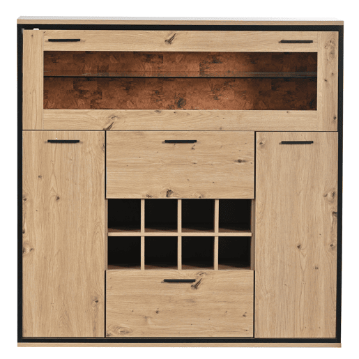 Bufete, Armário para garrafas com LED - 2 portas, 2 gavetas e prateleiras de vidro - Natural