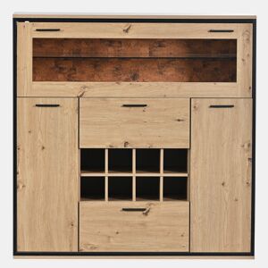 Bufete, Armário para garrafas com LED - 2 portas, 2 gavetas e prateleiras de vidro - Natural