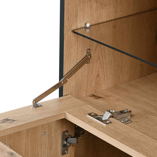 Bufete, Armário para garrafas com LED - 2 portas, 2 gavetas e prateleiras de vidro - Natural