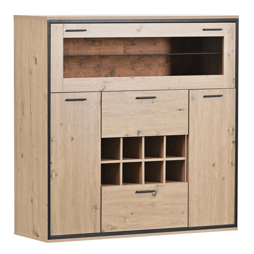 Bufete, Armário para garrafas com LED - 2 portas, 2 gavetas e prateleiras de vidro - Natural