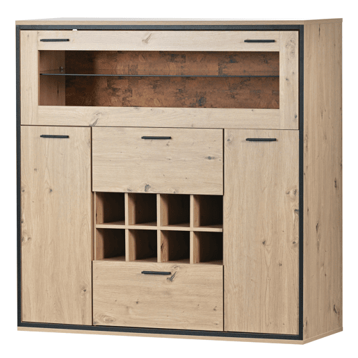 Bufete, Armário para garrafas com LED - 2 portas, 2 gavetas e prateleiras de vidro - Natural