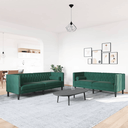 vidaXL 2 pcs conj. de sofás chesterfield com rolos veludo verde-escuro