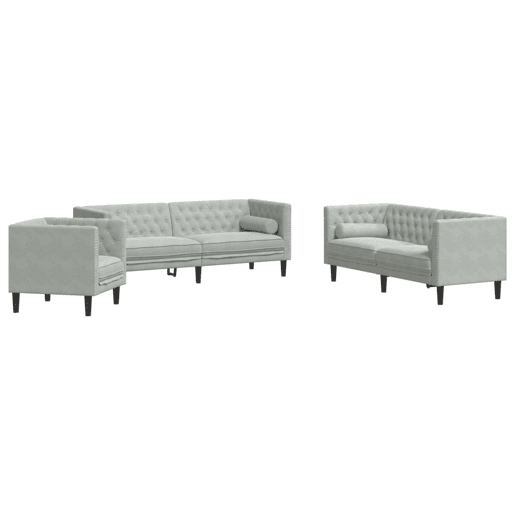 vidaXL 3 pcs conj. de sofás chesterfield com rolos veludo cinza-claro