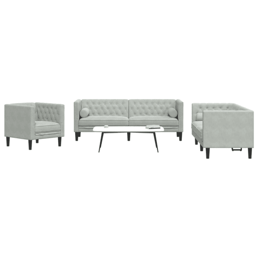 vidaXL 3 pcs conj. de sofás chesterfield com rolos veludo cinza-claro