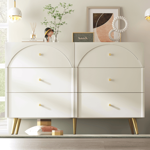 Cómoda com 6 gavetas - pés dourados - em aglomerado de madeira - Branco Cómoda com 6 gavetas - pés dourados - em aglomerado de madeira - Branco