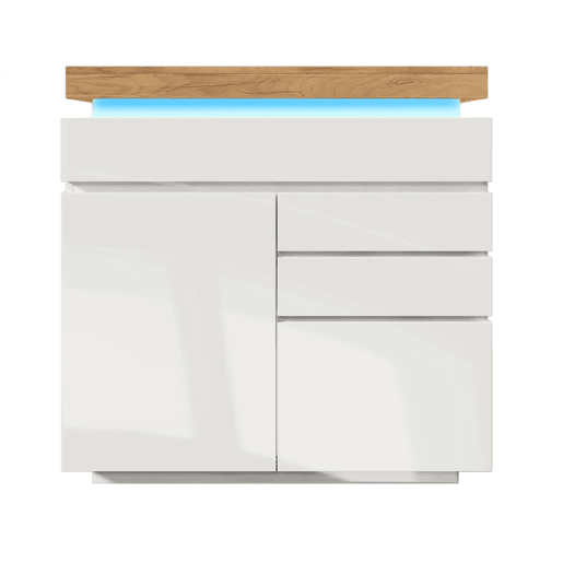 Cómoda com LED - 3 gavetas e 2 portas com prateleiras reguláveis - Branco Cómoda com LED - 3 gavetas e 2 portas com prateleiras reguláveis - Branco