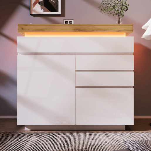 Cómoda com LED - 3 gavetas e 2 portas com prateleiras reguláveis - Branco Cómoda com LED - 3 gavetas e 2 portas com prateleiras reguláveis - Branco