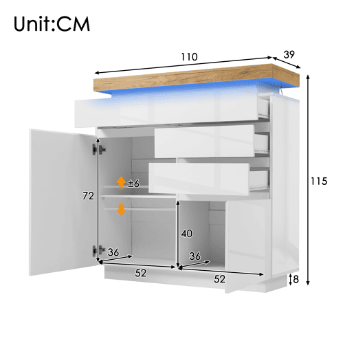 Cómoda com LED - 3 gavetas e 2 portas com prateleiras reguláveis - Branco Cómoda com LED - 3 gavetas e 2 portas com prateleiras reguláveis - Branco