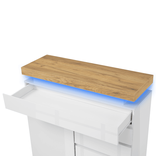 Cómoda com LED - 3 gavetas e 2 portas com prateleiras reguláveis - Branco Cómoda com LED - 3 gavetas e 2 portas com prateleiras reguláveis - Branco