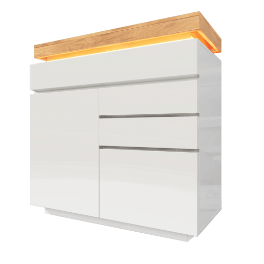 Cómoda com LED - 3 gavetas e 2 portas com prateleiras reguláveis - Branco Cómoda com LED - 3 gavetas e 2 portas com prateleiras reguláveis - Branco