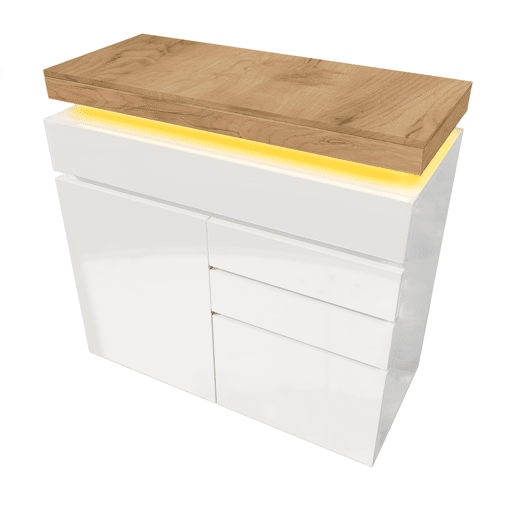 Cómoda com LED - 3 gavetas e 2 portas com prateleiras reguláveis - Branco Cómoda com LED - 3 gavetas e 2 portas com prateleiras reguláveis - Branco