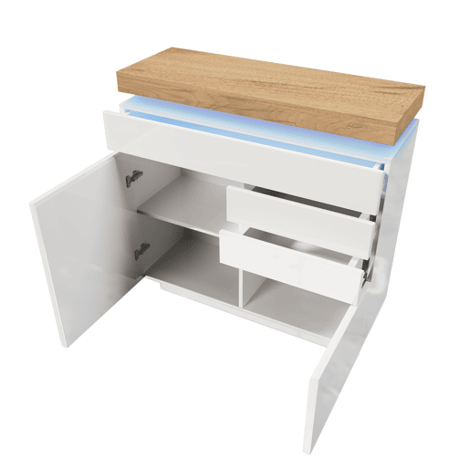 Cómoda com LED - 3 gavetas e 2 portas com prateleiras reguláveis - Branco Cómoda com LED - 3 gavetas e 2 portas com prateleiras reguláveis - Branco