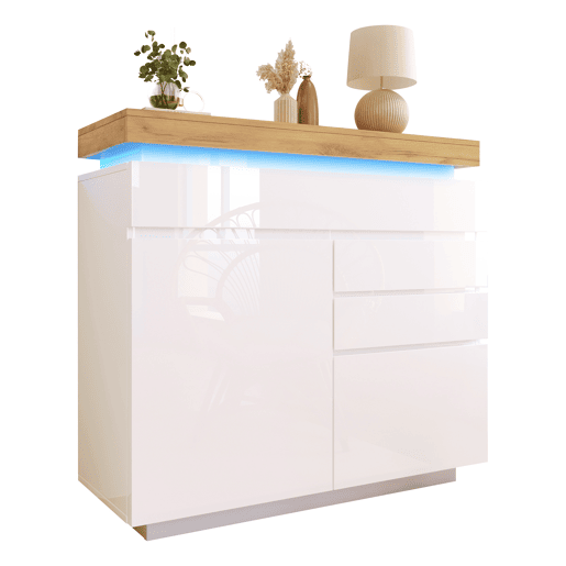 Cómoda com LED - 3 gavetas e 2 portas com prateleiras reguláveis - Branco Cómoda com LED - 3 gavetas e 2 portas com prateleiras reguláveis - Branco